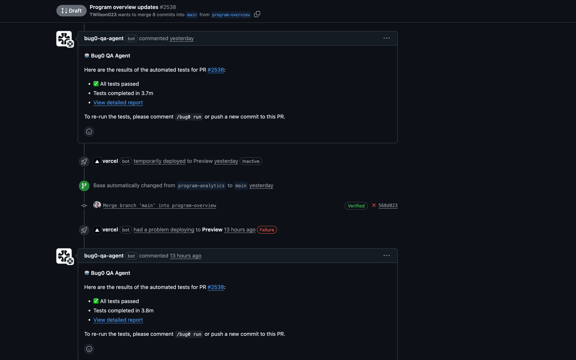 Screenshot of Bug0 QA Agent adding comment and report to pull request