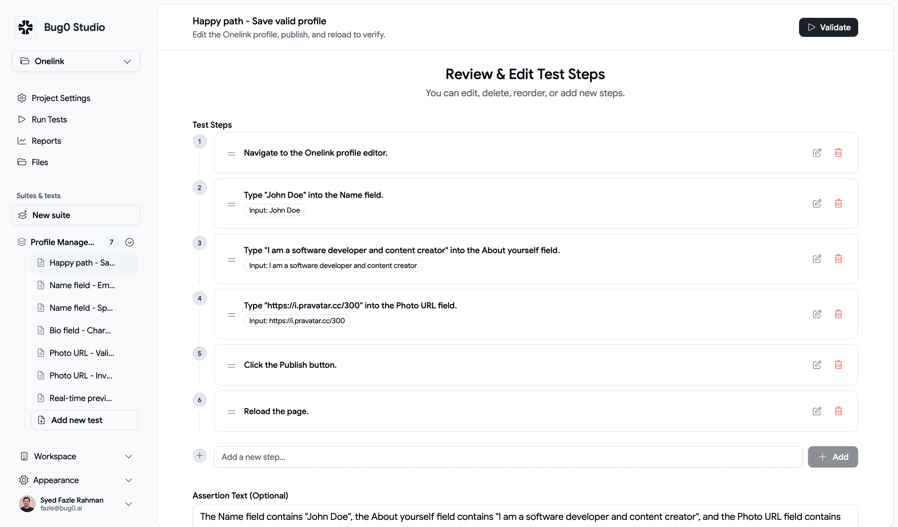 Bug0 app dashboard showing test results and AI-powered QA insights