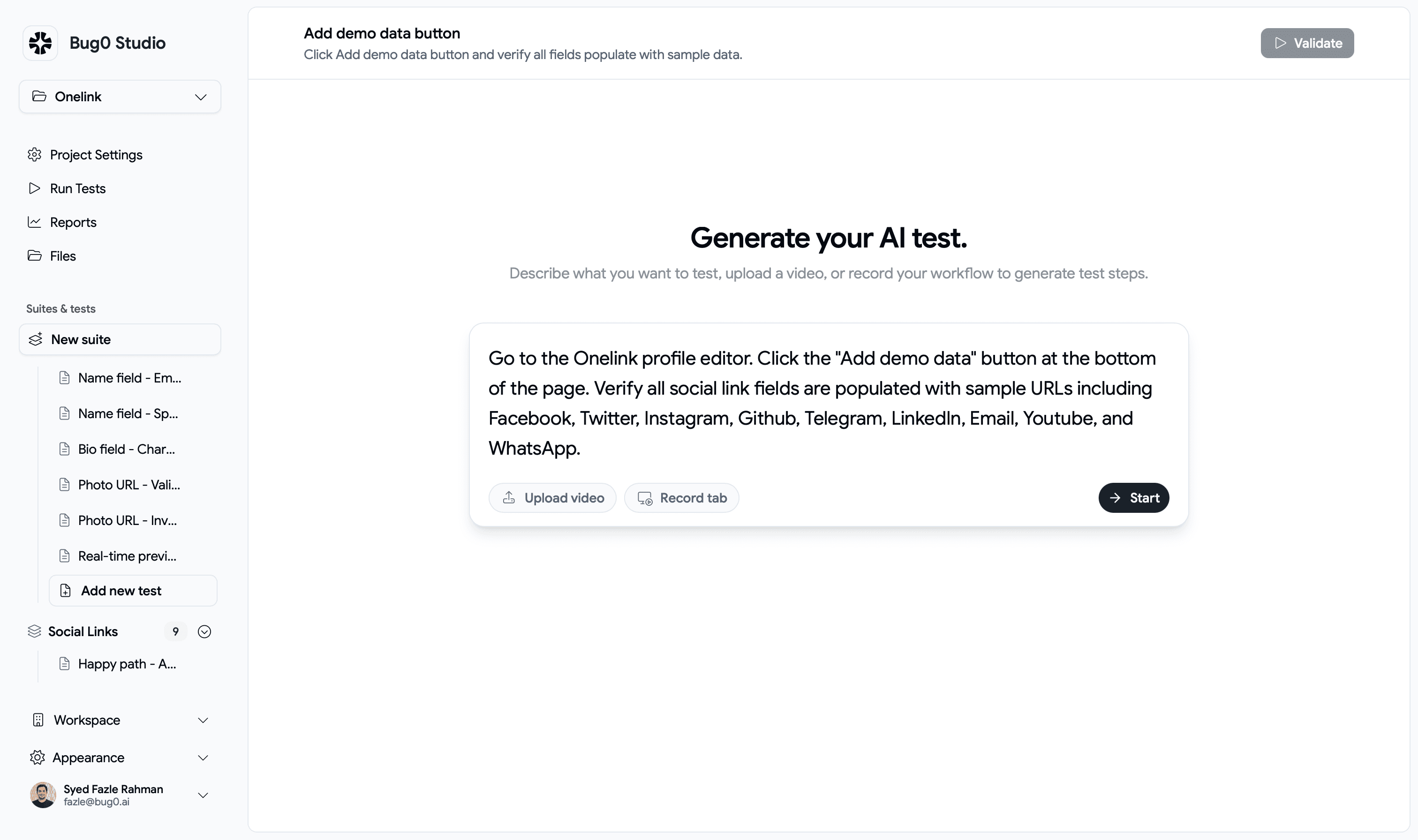 Bug0 test creation interface with natural language input