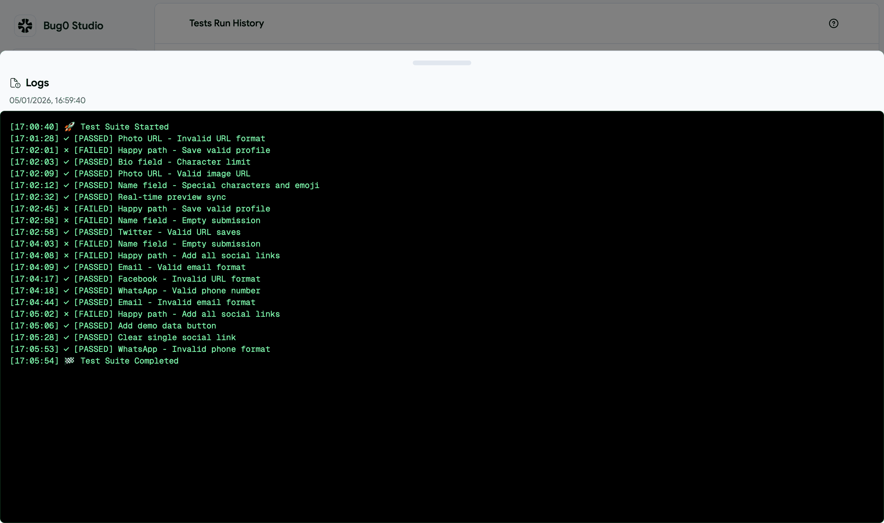 Bug0 test reports and analytics dashboard
