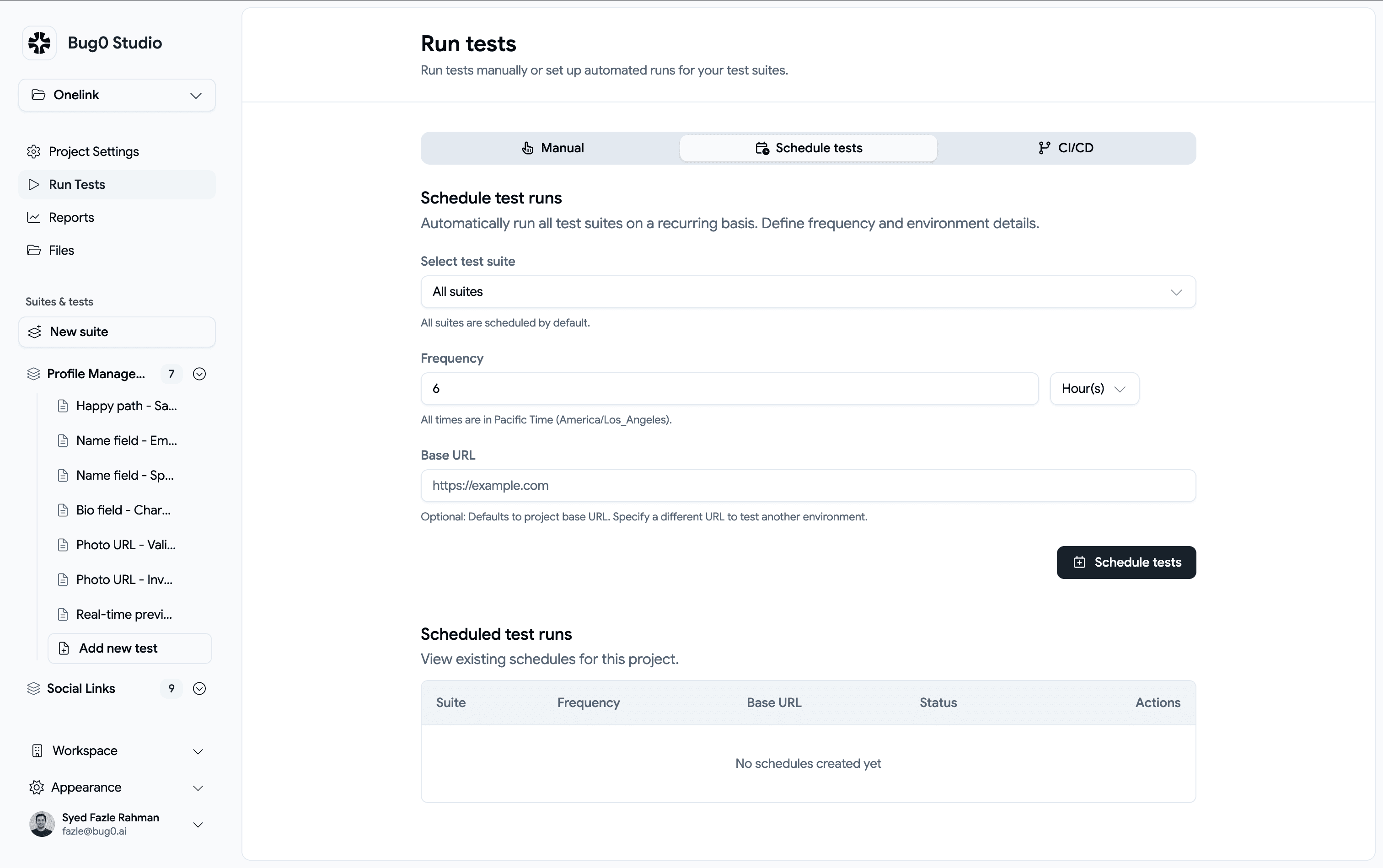 Bug0 test scheduling and CI/CD integration
