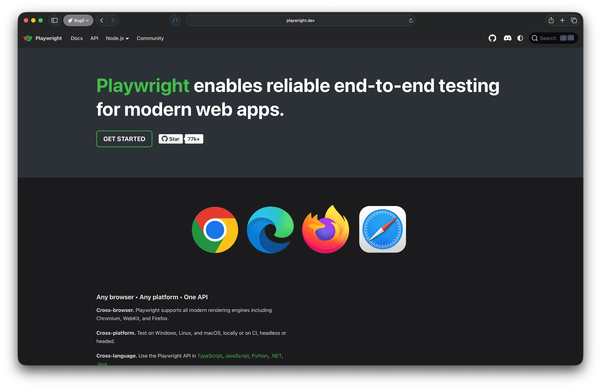 Screenshot of Playwright.dev homepage