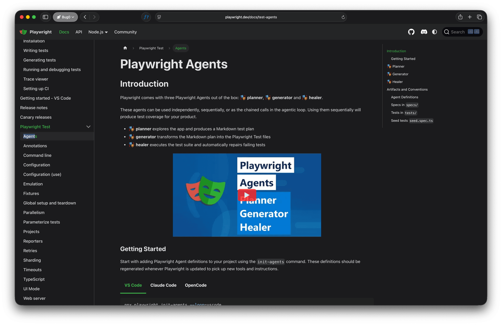 Playwright Agents docs screenshot