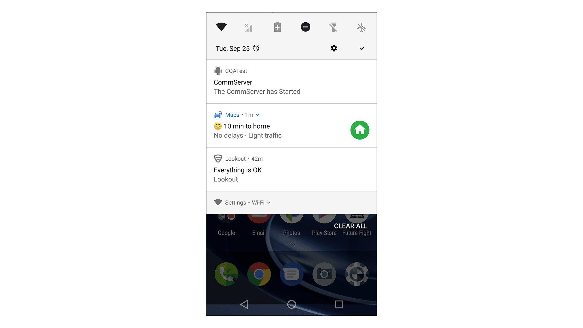 Motorola Razr displaying CQA Test Comm Server notification on screen, showing the error message that appears when the diagnostic app activates unexpectedly