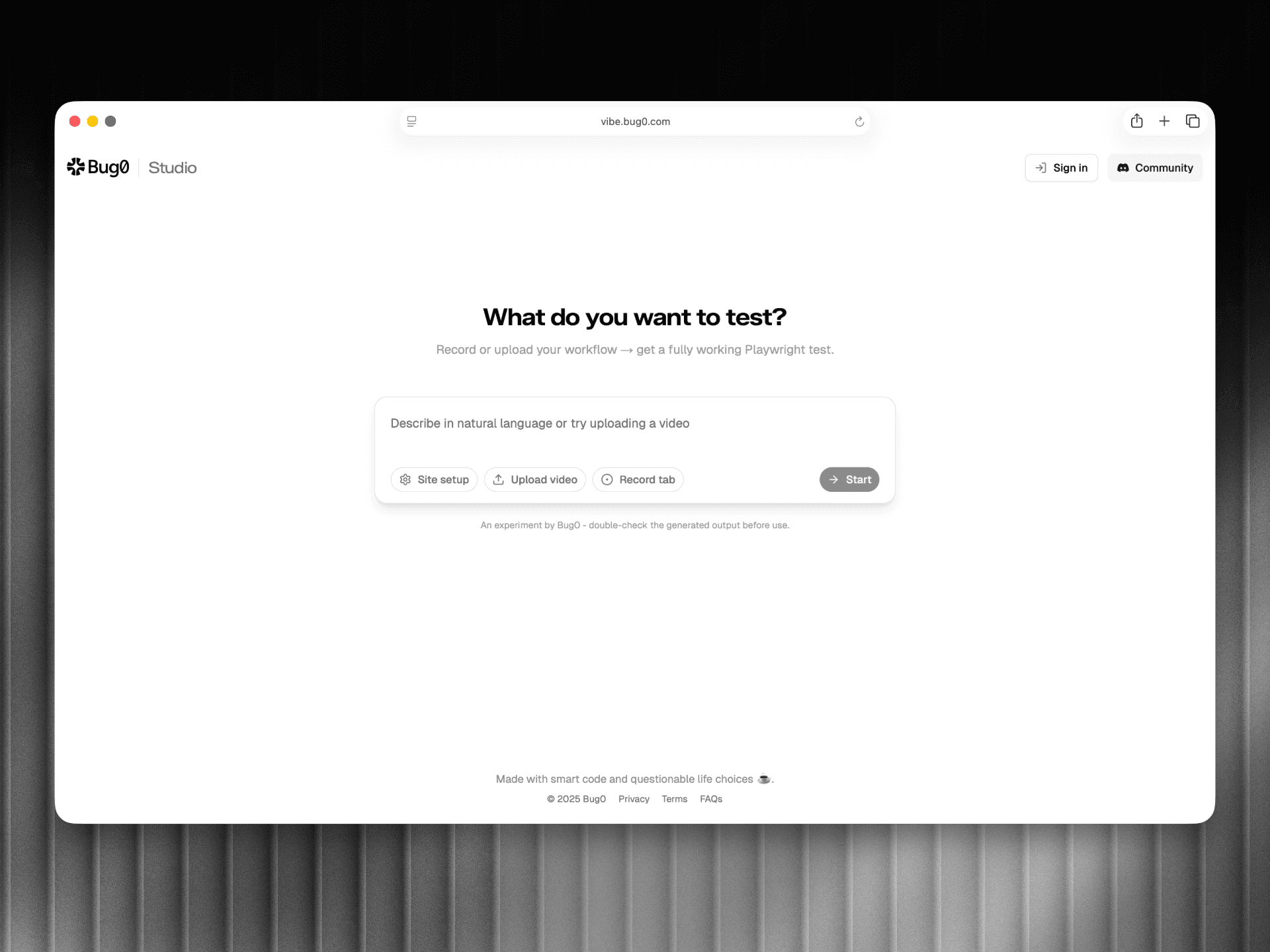Bug0 Studio Landing Page showing Record and Upload options