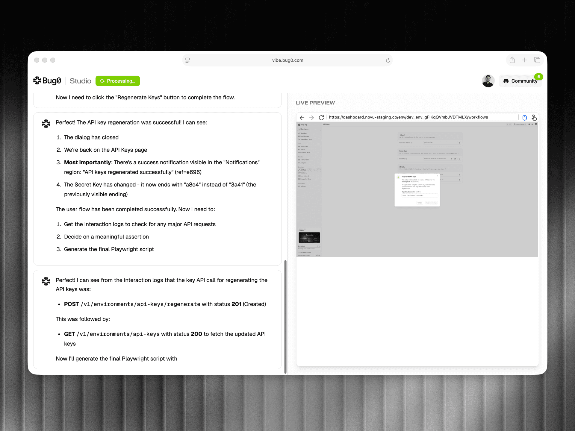 Bug0 Studio Split Screen showing AI logic and live browser