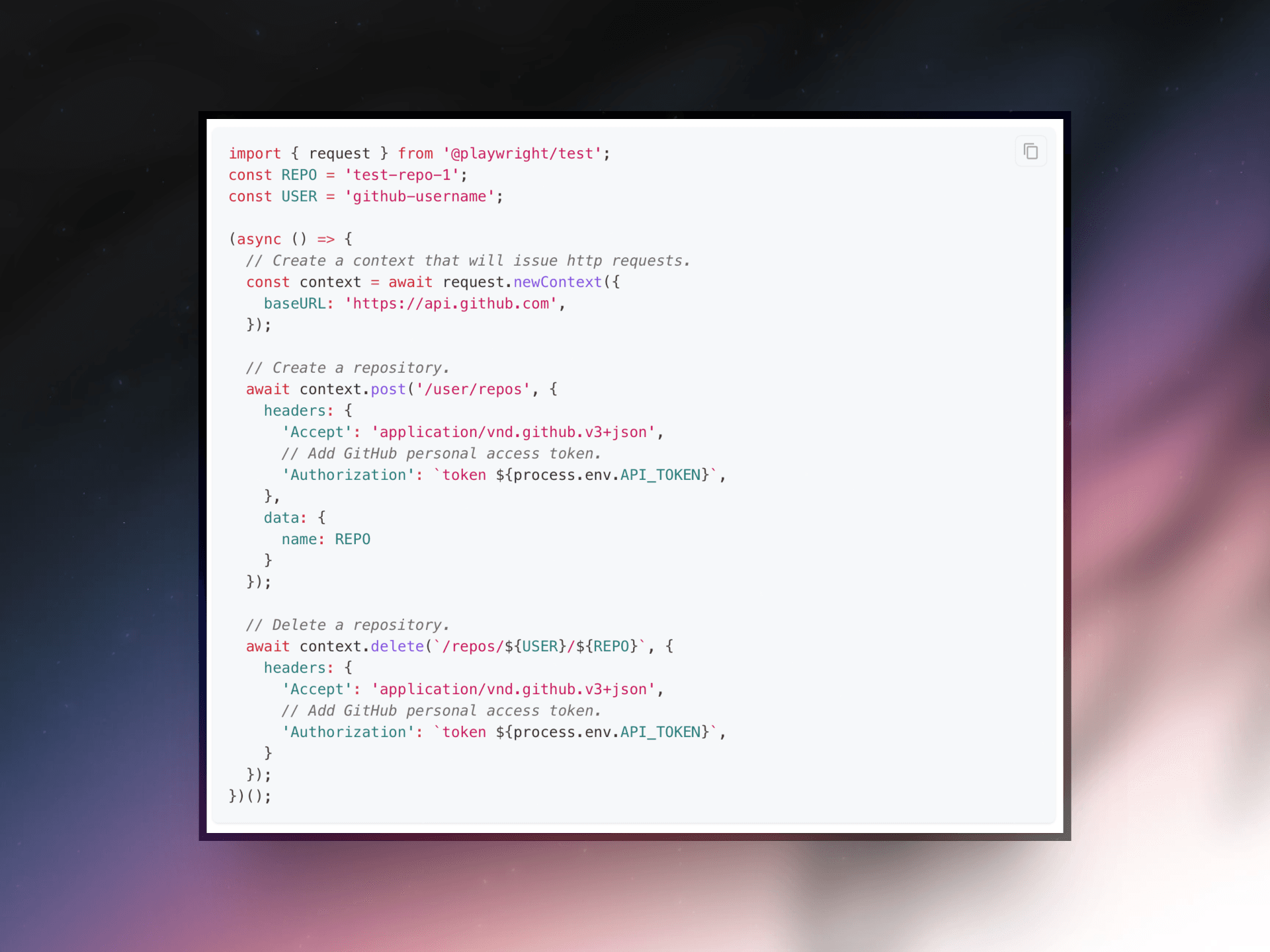 Playwright code sample of using request context