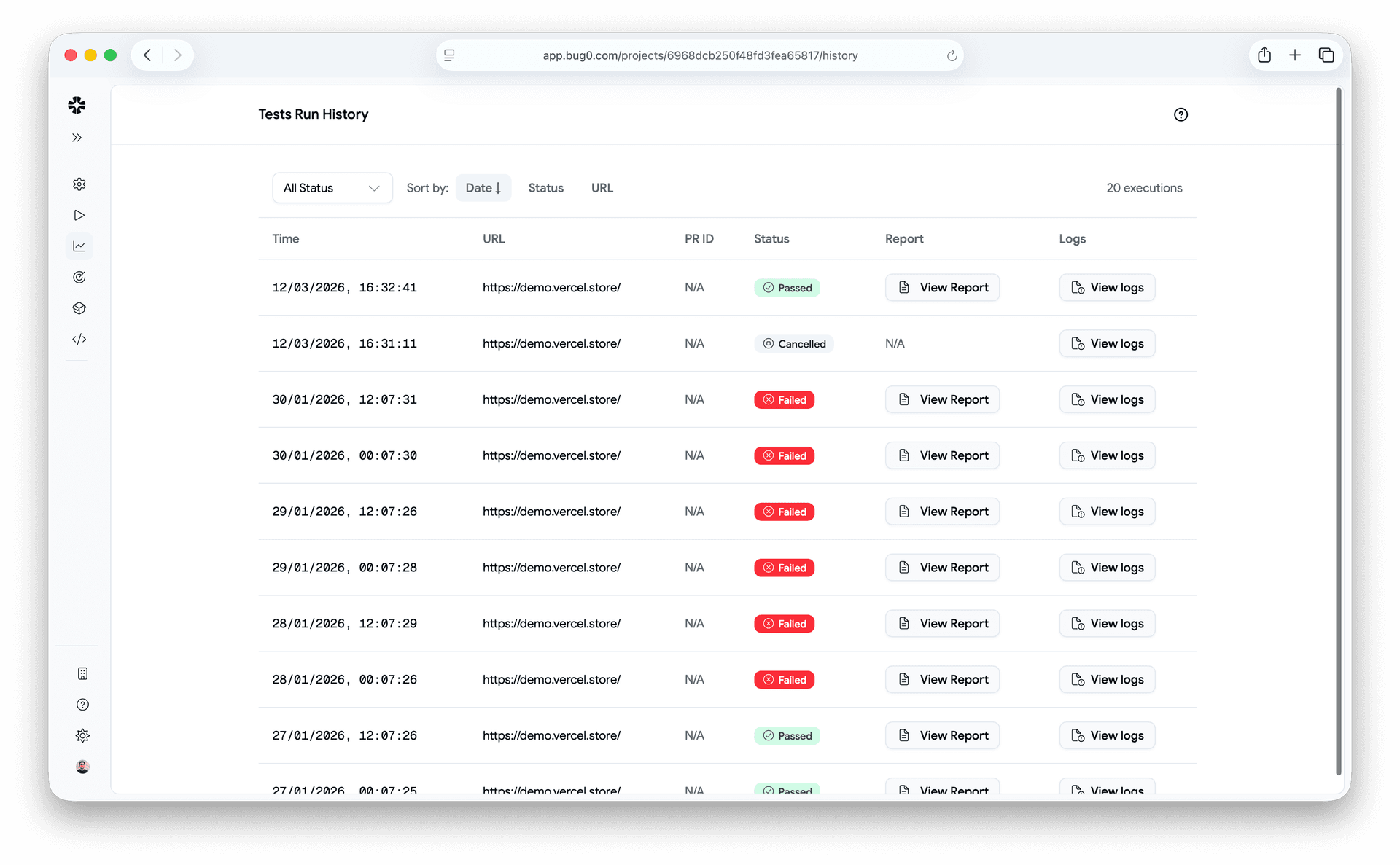 Bug0 Studio test run results dashboard showing passed/failed test steps with self-healed selectors highlighted or flagged