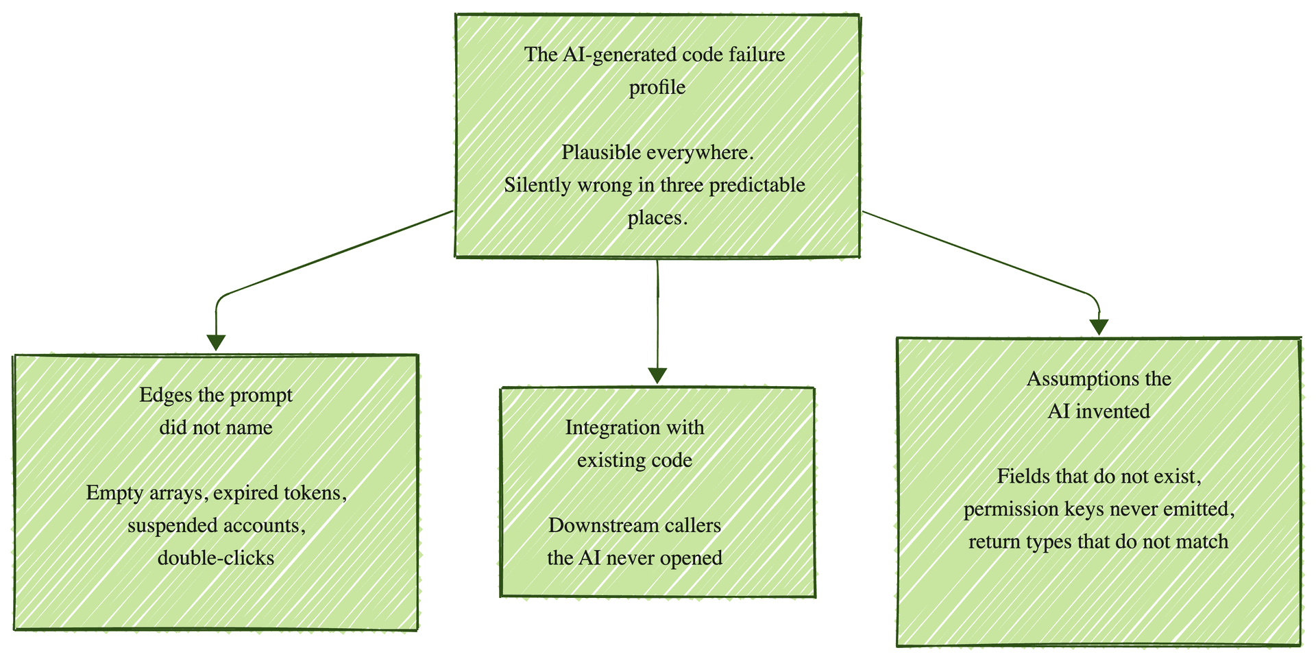 Three predictable failure places in AI-generated code: edges the prompt did not name, integration with existing code, and assumptions the AI invented.